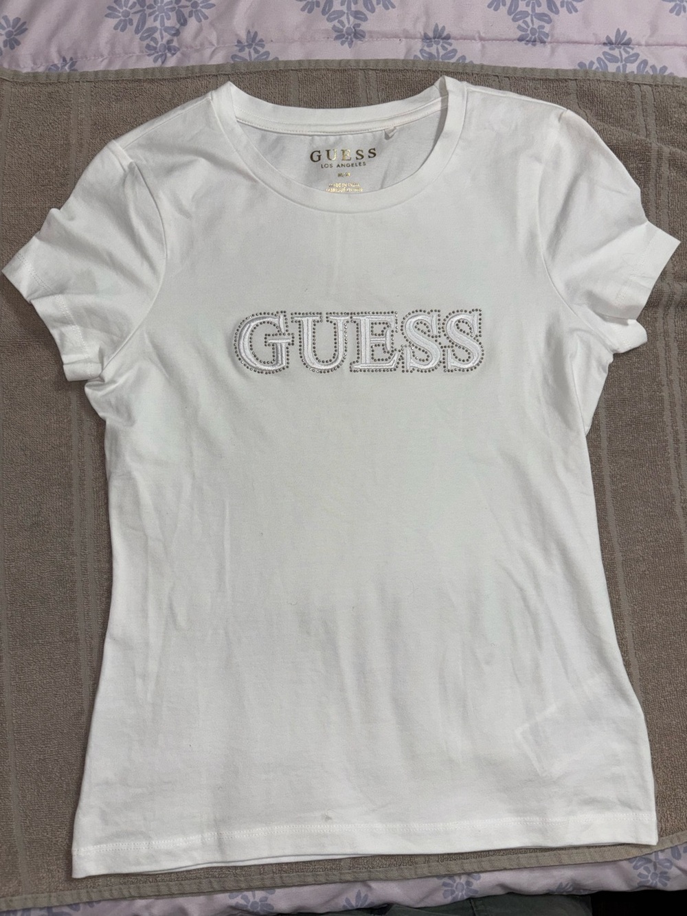 GUESS White Short Sleeve Tee with Rhinestone Logo